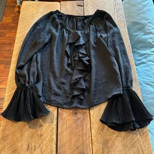 Nanette Lepore black billowy long sleeve blouse with tie neck + ruffles, Size 4